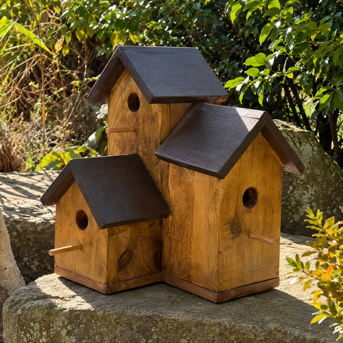 Bramblewood handmade triple birdhouse made from reclaimed timber, shown as a finished example