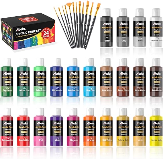 Optional Deluxe painting kit: 24 acrylic colours, 60ml per bottle, and 12 brushes. Included only with the Deluxe kit choice. Packaging may vary.
