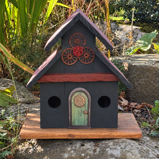 Painted example of the Decorative Cottage Reclaimed Timber Birdhouse. Unpainted option is supplied without paint.