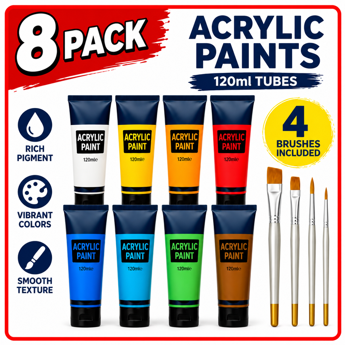 Optional Standard painting kit: 8 acrylic colours, 120ml per tube, and 4 brushes. Included only with the Standard kit choice. Packaging may vary.